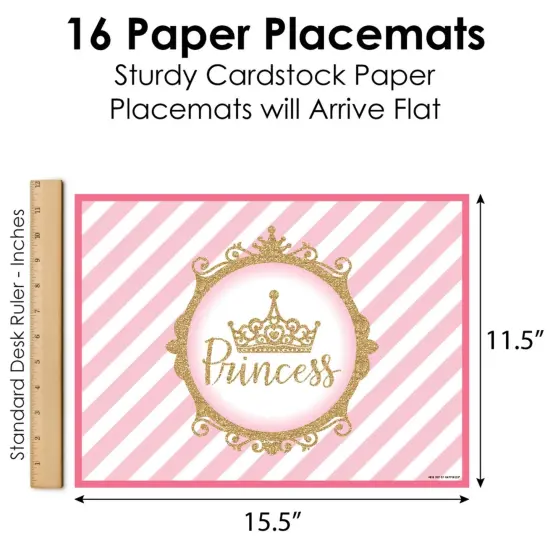 Big Dot of Happiness Little Princess Crown - Party Table Decorations - Pink and Gold Princess Baby Shower or Birthday Party Placemats - Set of 16 {6}