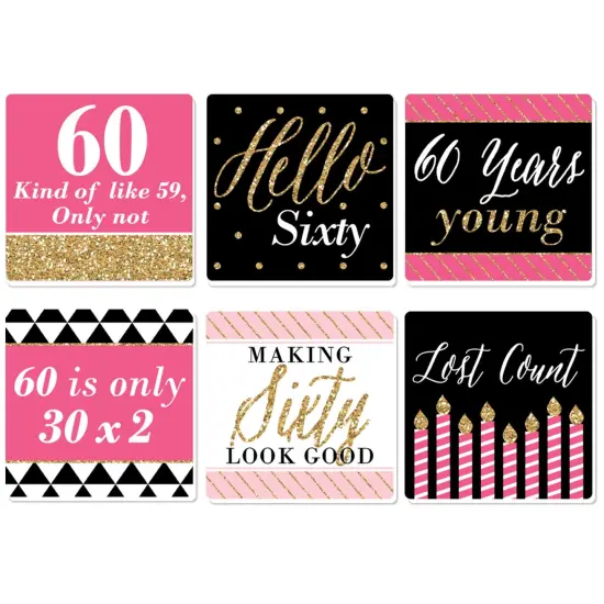 Big Dot of Happiness Chic 60th Birthday - Pink, Black and Gold - Funny Birthday Party Decorations - Drink Coasters - Set of 6 {1}