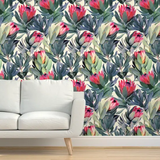 Peel & Stick Wallpaper 2FT Wide Painted Protea Floral Extra Large Tropical Vintage Olive Green Garden Inspired Botanical Leaves Home Decor Kitchen Custom Removable Wallpaper by Spoonflower {5}