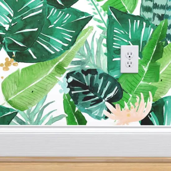 Peel & Stick Wallpaper 2FT Wide Jungle Tropical White Leaves Banana Leaf Hawaii Plant Custom Removable Wallpaper by Spoonflower {4}