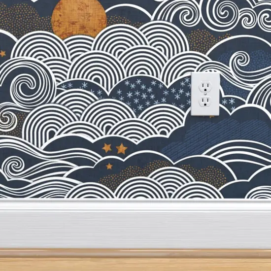 Pre-Pasted Wallpaper 2FT Wide Night Sky Clouds Gold Stars Sky Blue Mustard Dark Navy Custom Pre-pasted Wallpaper by Spoonflower {4}