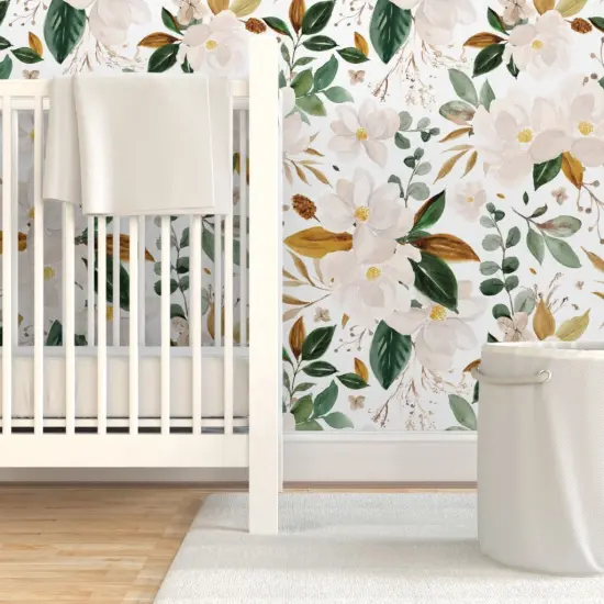 Pre-Pasted Wallpaper 2FT Wide Romantic Magnolia Oversized Flowers Watercolor Modern Feminine Cream Green Bronze Custom Pre-pasted Wallpaper by Spoonflower {7}