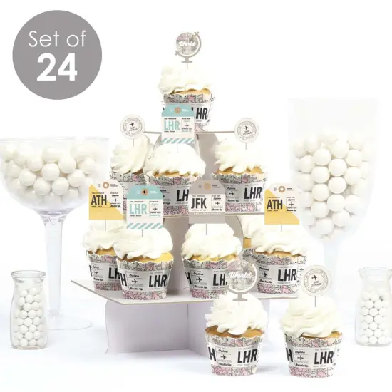 Big Dot of Happiness World Awaits - Cupcake Decoration - Travel Themed Party Cupcake Wrappers and Treat Picks Kit - Set of 24 {3}