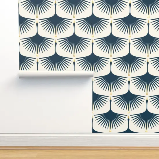 Pre-Pasted Wallpaper 2FT Wide Dark Blue Swans And Cream Mid Century Modern Art Deco Inspired Flying Cranes Custom Pre-pasted Wallpaper by Spoonflower {2}