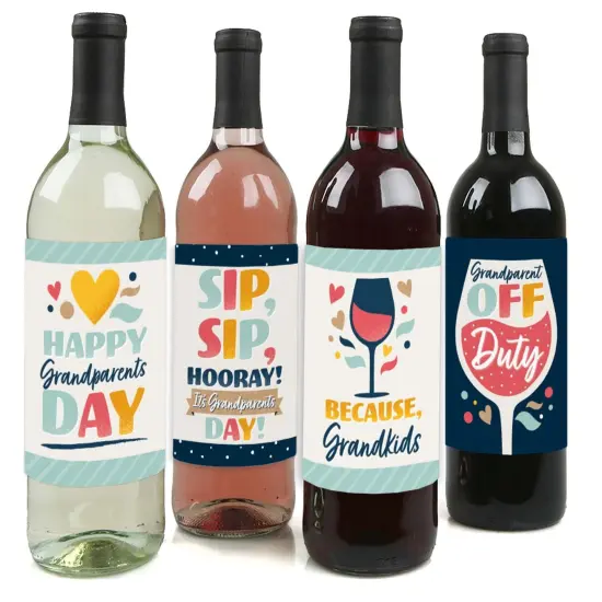 Big Dot of Happiness Happy Grandparents Day - Grandma & Grandpa Party Decorations for Women and Men - Wine Bottle Label Stickers - Set of 4 {1}