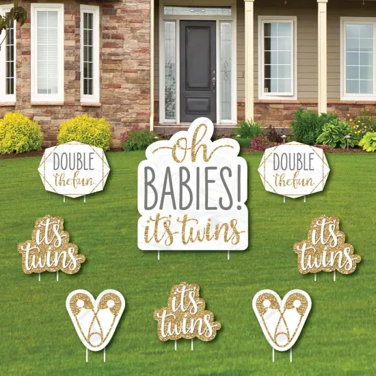 Big Dot of Happiness It's Twins - Yard Sign and Outdoor Lawn Decorations - Gold Twins Baby Shower Yard Signs - Set of 8 {1}