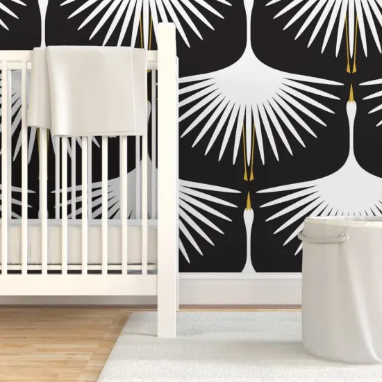 Pre-Pasted Wallpaper 2FT Wide Art Deco Crane White Black Bird Geometric Feather Elegant Swan Custom Pre-pasted Wallpaper by Spoonflower {3}