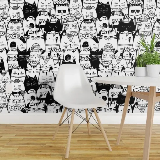 Pre-Pasted Wallpaper 2FT Wide Black Cats White Rescue Cats Kids Kittens Cat Cute Funny Custom Pre-pasted Wallpaper by Spoonflower {1}