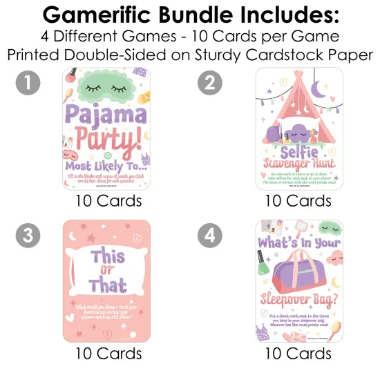 Big Dot of Happiness Pajama Slumber Party - 4 Girls Sleepover Birthday Party Games - 10 Cards Each - Gamerific Bundle {4}