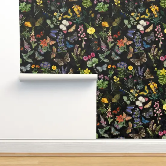 Pre-Pasted Wallpaper 2FT Wide Butterfly House Moody Floral Moths On Black Spring Flower English Cottage Shabby Chic Flowers Core Custom Pre-pasted Wallpaper by Spoonflower {2}