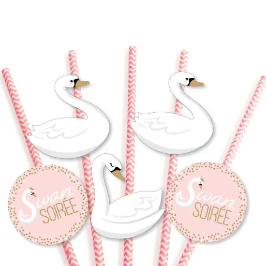 Big Dot of Happiness Swan Soiree - Paper Straw Decor - White Swan Baby Shower or Birthday Party Striped Decorative Straws - Set of 24 {7}
