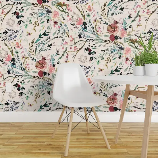 Peel & Stick Wallpaper 2FT Wide Romantic Floral Woven Look Watercolor Blooms Feminine Flowers Botanical Custom Removable Wallpaper by Spoonflower {1}