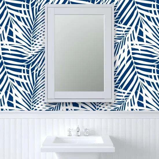 Peel & Stick Wallpaper 2FT Wide Silhouette Navy Palm Summer Tropical Blue And White Coastal Fronds Leaf Custom Removable Wallpaper by Spoonflower {6}