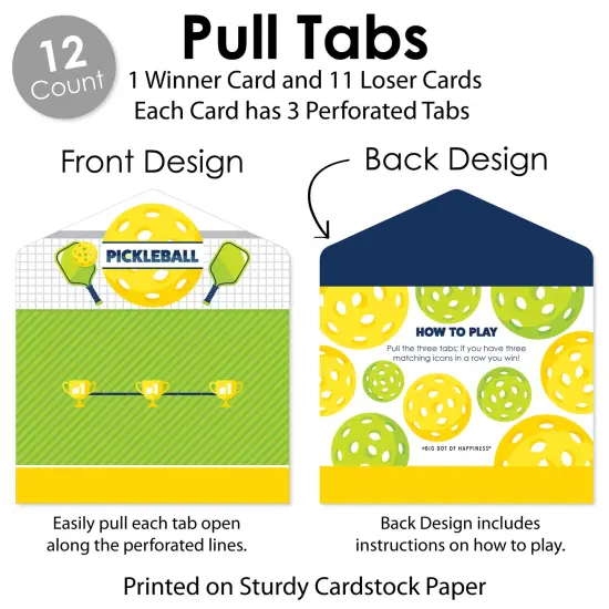 Big Dot of Happiness Let&rsquo;s Rally - Pickleball - Birthday or Retirement Party Game Pickle Cards - Pull Tabs 3-in-a-Row - Set of 12 {6}