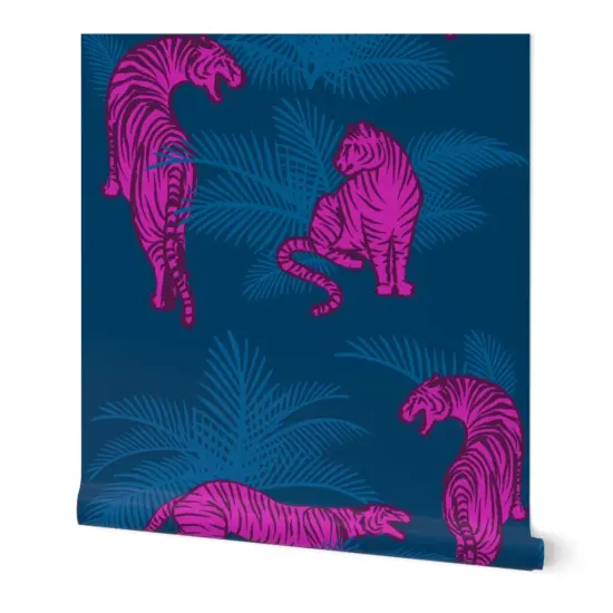 Peel & Stick Wallpaper 2FT Wide Maximalist Tigers Neon Pink Opulent Jungle Large Scale Hollywood Regency Custom Removable Wallpaper by Spoonflower {7}