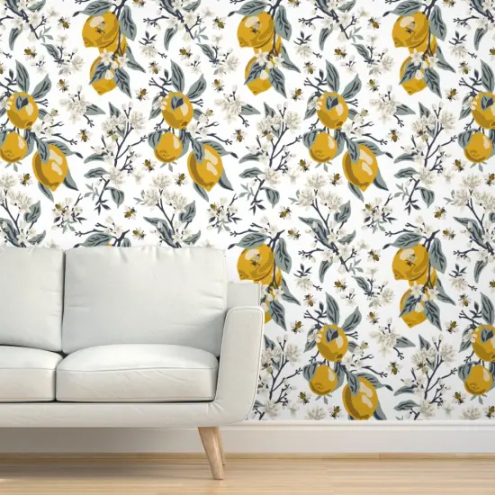 Pre-Pasted Wallpaper 2FT Wide Honey Bees Citrus Floral Mustard Yellow Transitional Style Modern Farmhouse Custom Pre-pasted Wallpaper by Spoonflower {5}
