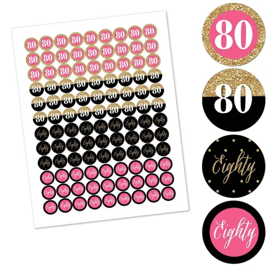 Big Dot of Happiness Chic 80th Birthday - Pink, Black and Gold - Round Candy Sticker Favors - Labels Fits Chocolate Candy (1 sheet of 108) {3}