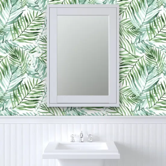 Peel & Stick Wallpaper 2FT Wide Watercolor Tropical Palm Leaf Green Jungle Exotic Plant Custom Removable Wallpaper by Spoonflower {6}