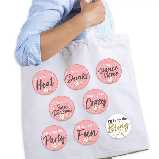 Big Dot of Happiness I'll Bring the Bling - 3 inch Pink and Gold Bachelorette Party Badge - Pinback Buttons - Set of 8 {3}