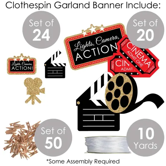Big Dot of Happiness Red Carpet - Movie Night Party DIY Decorations - Clothespin Garland Banner - 44 Pieces {6}