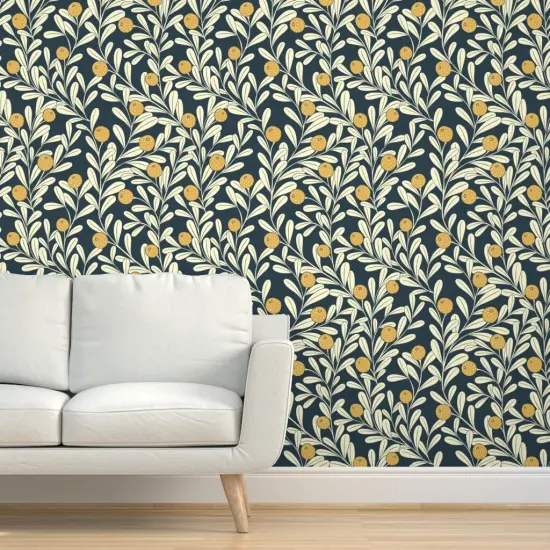 Pre-Pasted Wallpaper 2FT Wide Vines Wallpaper Plants Art Deco Citrus Navy Lemons Mustard Botanical Gardens Climbing Custom Pre-pasted Wallpaper by Spoonflower {5}