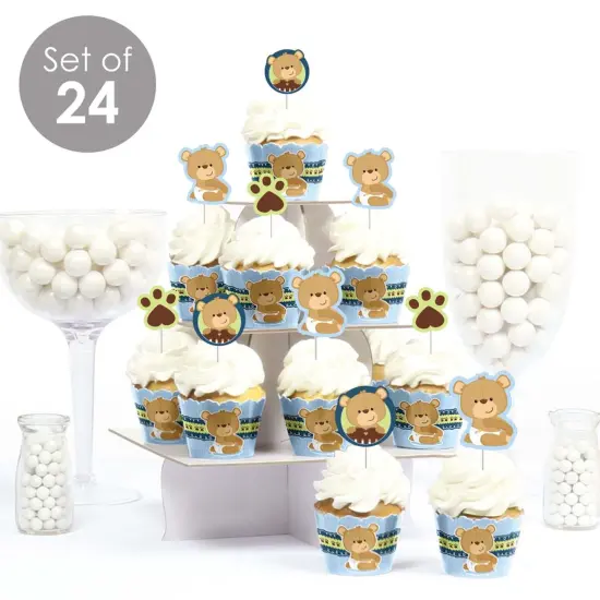 Big Dot of Happiness Baby Boy Teddy Bear - Cupcake Decoration - Baby Shower Cupcake Wrappers and Treat Picks Kit - Set of 24 {3}