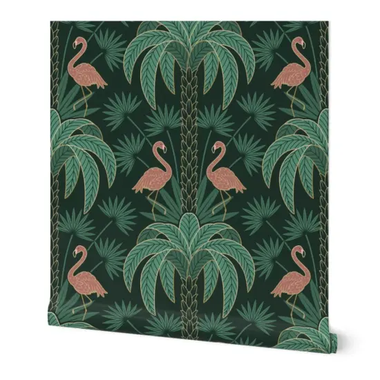 Peel & Stick Wallpaper 2FT Wide Tropical Art Deco Flamingo Tropical Moody Flora Miami Plants Damask 1920S Elegant Maximalism Custom Removable Wallpaper by Spoonflower {7}