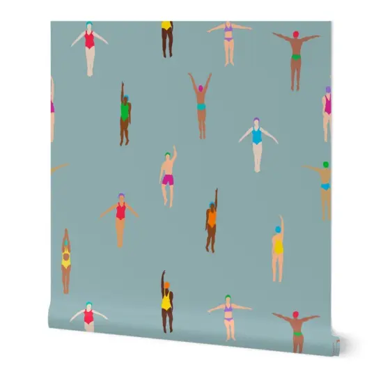 Peel & Stick Wallpaper 2FT Wide Swimmers Blue Vintage Water Holiday Summer Ocean Custom Removable Wallpaper by Spoonflower {7}