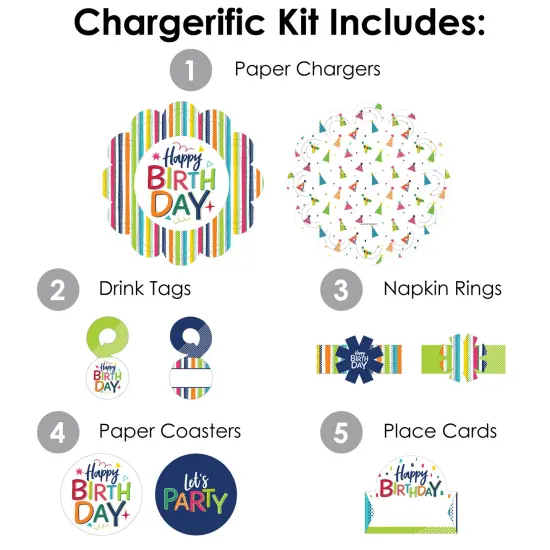 Big Dot of Happiness Cheerful Happy Birthday - Colorful Birthday Party Paper Charger and Table Decorations - Chargerific Kit - Place Setting for 8 {4}