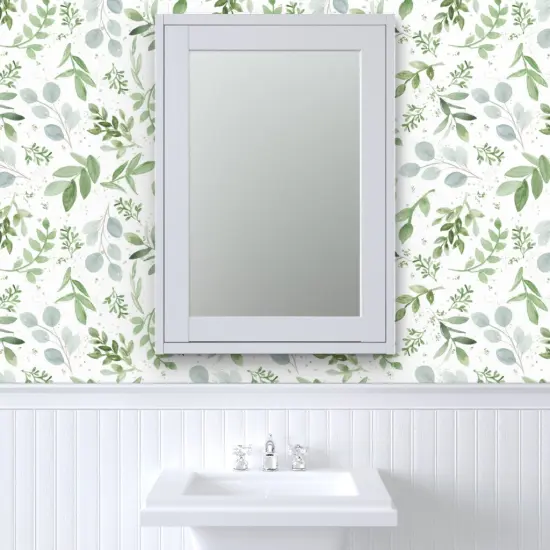 Pre-Pasted Wallpaper 2FT Wide Leaves Watercolor Botanical Greenery Soft Eucalyptus Larger Repeat Custom Pre-pasted Wallpaper by Spoonflower {6}