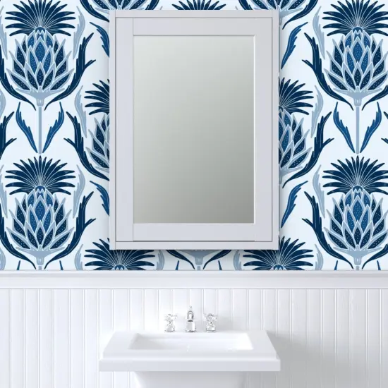 Peel & Stick Wallpaper 2FT Wide Thistle Damask Blue Plant Art Nouveau Hand Drawn Floral Navy Sky Custom Removable Wallpaper by Spoonflower {6}