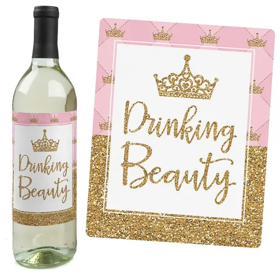 Big Dot of Happiness Little Princess Crown - Pink & Gold Baby Shower or Birthday Party Decor for Women and Men - Wine Bottle Label Stickers - Set of 4 {4}