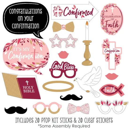 Big Dot of Happiness Confirmation Pink Elegant Cross - Girl Religious Party Photo Booth Props Kit - 20 Count {3}