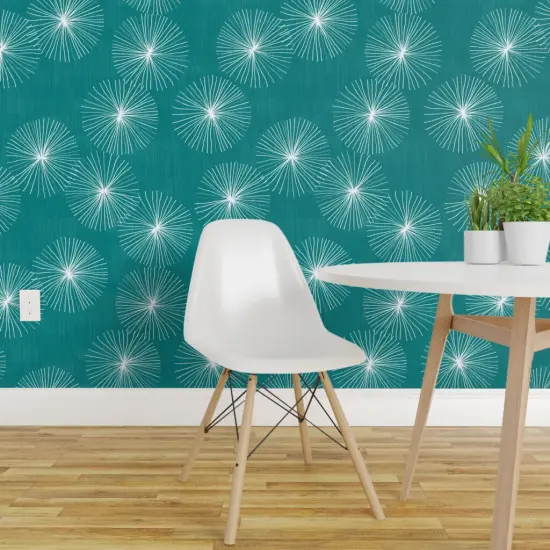 Pre-Pasted Wallpaper 2FT Wide Mid Century Mod Circle Snowflake Minimalist Geo Dandelion White Blue Mod Christmas Custom Pre-pasted Wallpaper by Spoonflower {1}