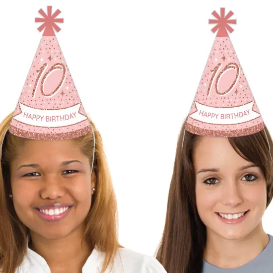 Big Dot of Happiness 10th Pink Rose Gold Birthday - Cone Happy Birthday Party Hats for Kids and Adults - Set of 8 (Standard Size) {3}