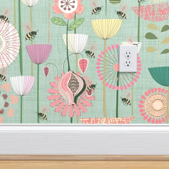 Peel & Stick Wallpaper 2FT Wide Bees Fly Pastel White Green Flowers Pink Large Atomic Style Mint Modern Custom Removable Wallpaper by Spoonflower {4}