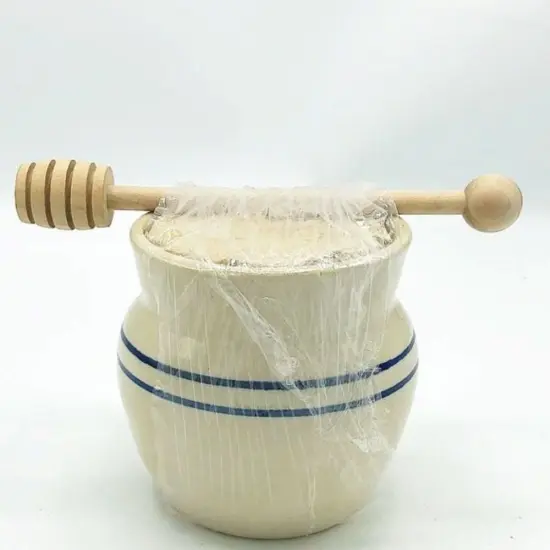 Martinez Pottery Heritage Blue Stripe Stoneware Honey Pot with Wooden Dipper {4}