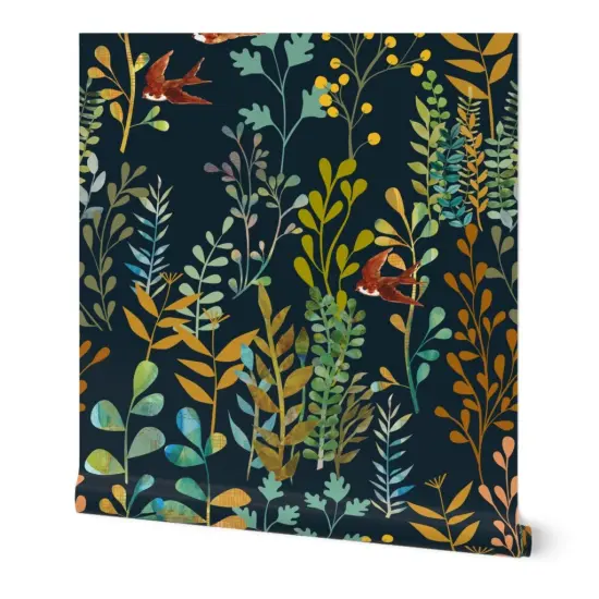 Peel & Stick Wallpaper 2FT Wide Botanical Watercolor Fern Nature Plant Garden Nursery Custom Removable Wallpaper by Spoonflower {7}