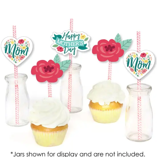 Big Dot of Happiness Colorful Floral Happy Mother's Day - Paper Straw Decor - We Love Mom Party Striped Decorative Straws - Set of 24 {6}