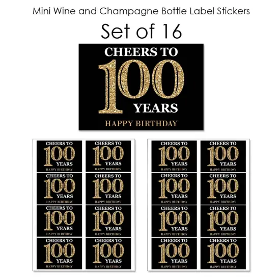 Big Dot of Happiness Adult 100th Birthday - Gold - Mini Wine & Champagne Bottle Label Stickers - Birthday Party Favor Gift for Women & Men - Set of 16 {7}