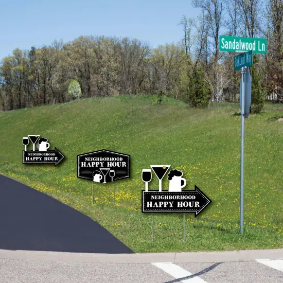 Big Dot of Happiness Neighborhood Happy Hour Signs - 2 Neighborhood Party Arrows & 1 Happy Hour Outdoor Lawn Sign - Doubled Sided Yard Signs -3 Pieces {6}