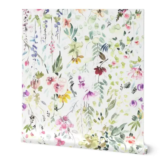 Peel & Stick Wallpaper 2FT Wide Spring Florals Wildflower Pastel Flower Blooms Watercolor Botanical Whimsical Girl Custom Removable Wallpaper by Spoonflower {7}