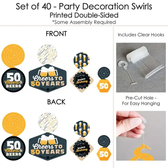 Big Dot of Happiness Cheers and Beers to 50 Years - 50th Birthday Party Hanging Decor - Party Decoration Swirls - Set of 40 {7}