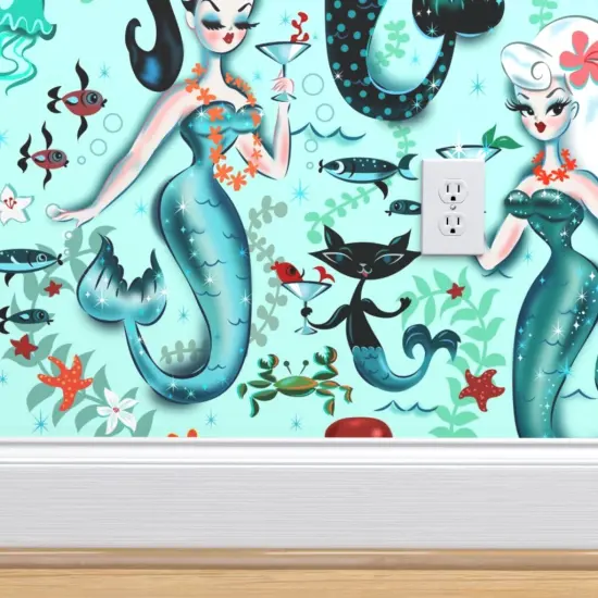 Peel & Stick Wallpaper 2FT Wide Midcentury Mod, Mermaids, Martini, Retro, Cocktail, Aqua, Cat, Starfish, Vintage, Kistch, Mod Custom Removable Wallpaper by Spoonflower {4}