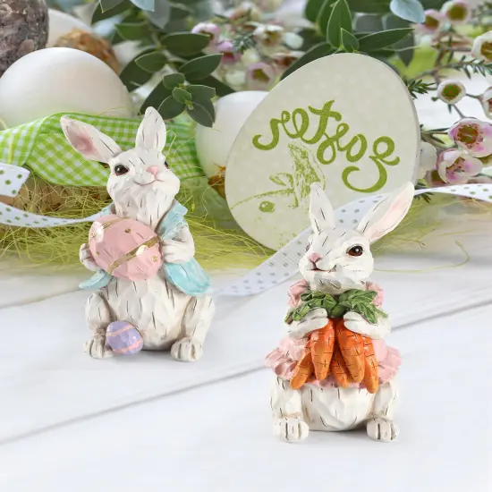 iStatue Easter Bunnies, Set of 2 Resin 5'' Bunny Figurines with Resurrection Eggs and Carrots - Hand-Painted Statue Spring Easter Decorations for The Home Decor Office Gift (Easter Bunnies) {1}