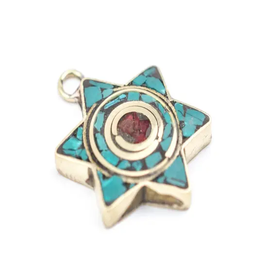 The Bead Chest Nepali Star of David Pendant: Authentic Ethnic Judaica Brass Charm Inlaid with Stone for DIY Necklace and Jewelry (Turquoise & Coral) {4}