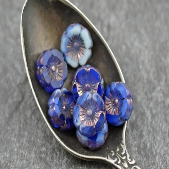 *11* 12mm Bronze Washed Blended Cobalt Turquoise Table Cut Hawaiian Flower Beads (LAST Pack) {3}