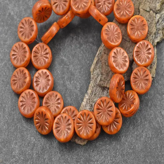 *15* 12mm Copper Washed Orange Opaline Aster Flower Coin Beads {2}