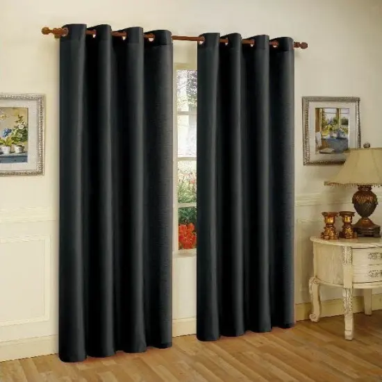 J&V TEXTILES 2 Panels Solid Grommet Faux Silk Window Curtain Drapes Treatment in 84" Length Black {1}