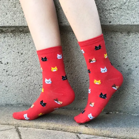 Wrapables Novelty Animal Print Crew Socks (Set of 5), Cat Face {2}